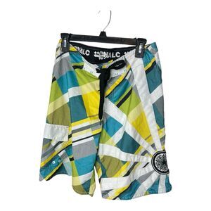 Chalc Swim Shorts Board Shorts Blue White Yellow Retro Pocket Drawstring Size 30